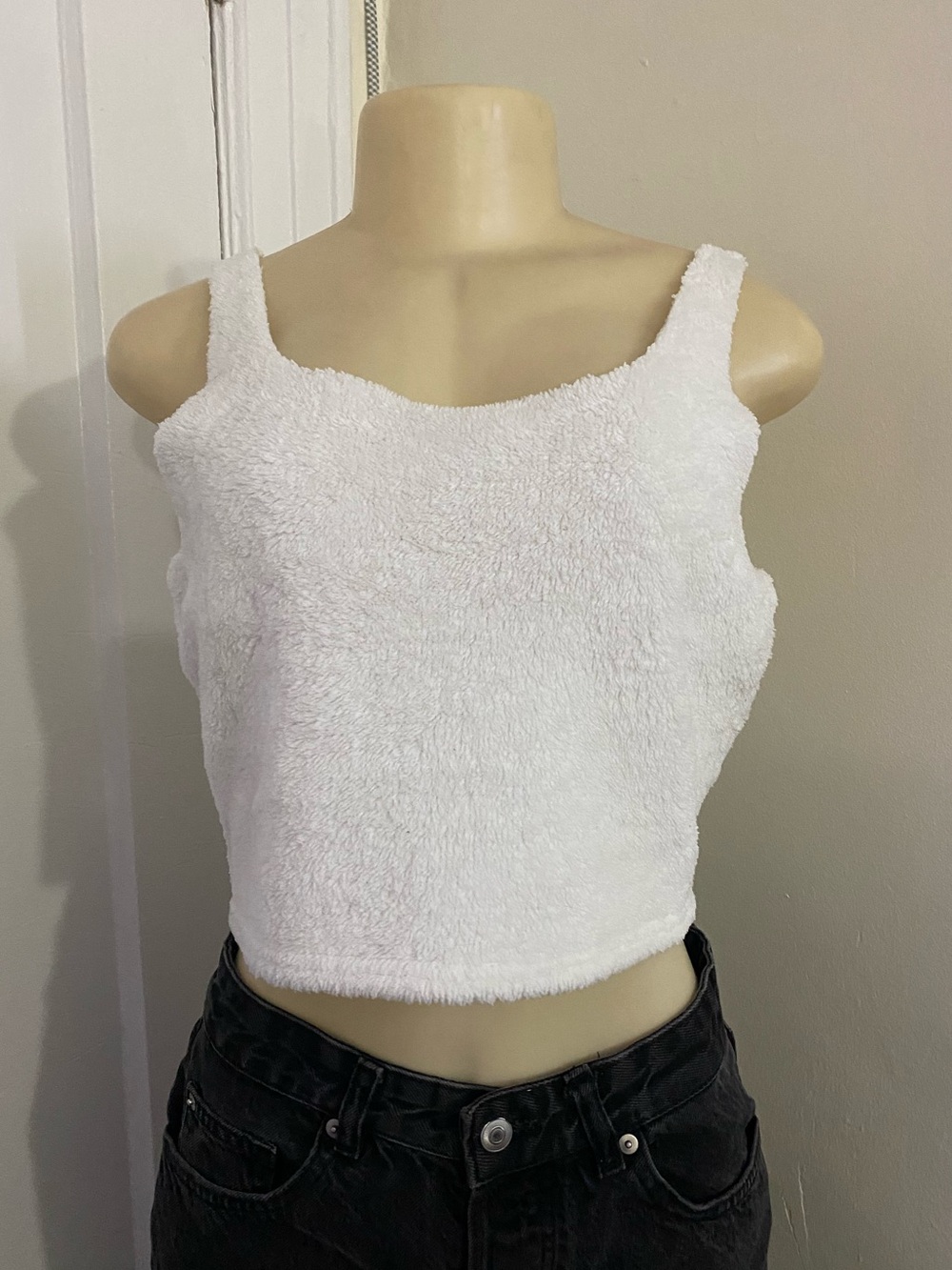 White Fuzzy Tank Crop Top - Women's